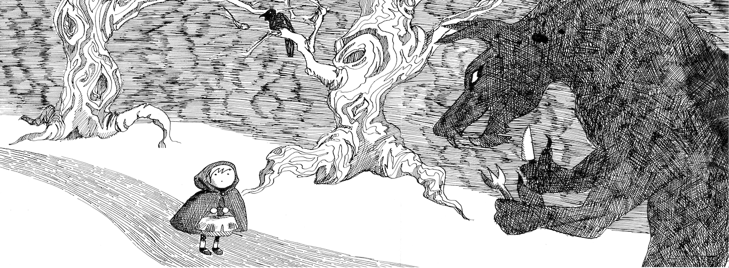 Auto-generated description: A little girl in a red cloak encounters a menacing wolf in a snowy forest.